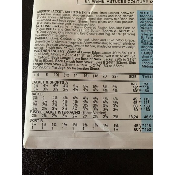 Vogue Misses Top Jacket Shorts Skirt Sewing Pattern 7481 Sz 6 - 10 - Uncut - Picture 6 of 9